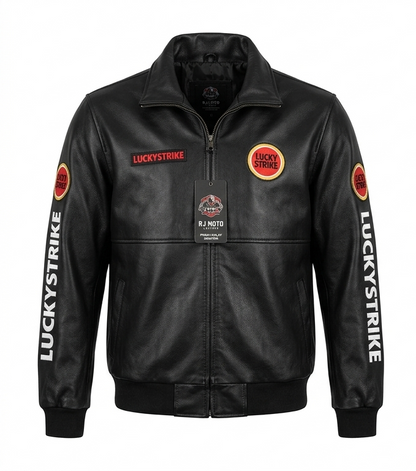 LUCKY STRIKE Classic Heritage Series Stealth Onyx Black Premium Leather Bomber Jacket