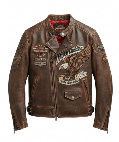 Brown leather jacket with Harley-Davidson logo and eagle emblem on a white background