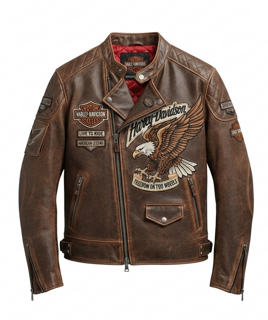 Brown leather jacket with Harley-Davidson logo and eagle emblem on a white background