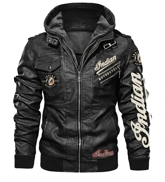 Indian Motorcycle Leather Jacket with Hood Men's Black Biker Rider Vintage Coat