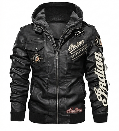 Indian Motorcycle Leather Jacket with Hood Men's Black Biker Rider Vintage Coat