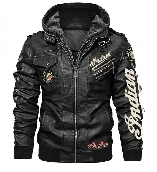 Indian Motorcycle Leather Jacket with Hood Men's Black Biker Rider Vintage Coat