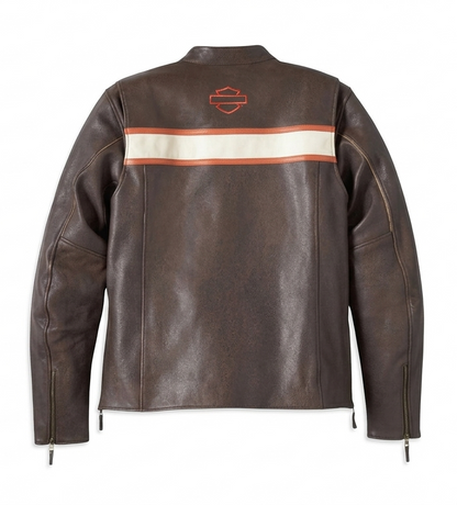 Harley-Davidson leather jacket with a prominent logo on a white background
